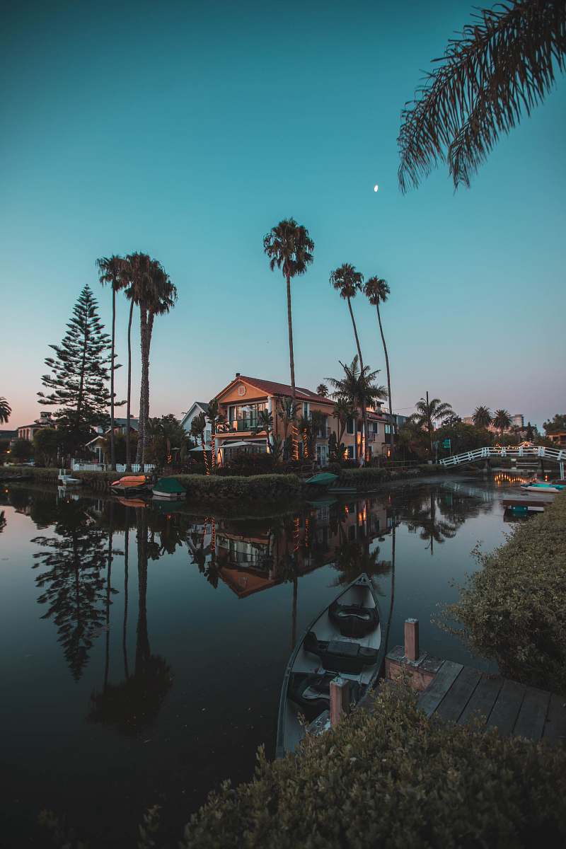 house in distant brown 2-storey house surrounded by palm trees near body of water canal